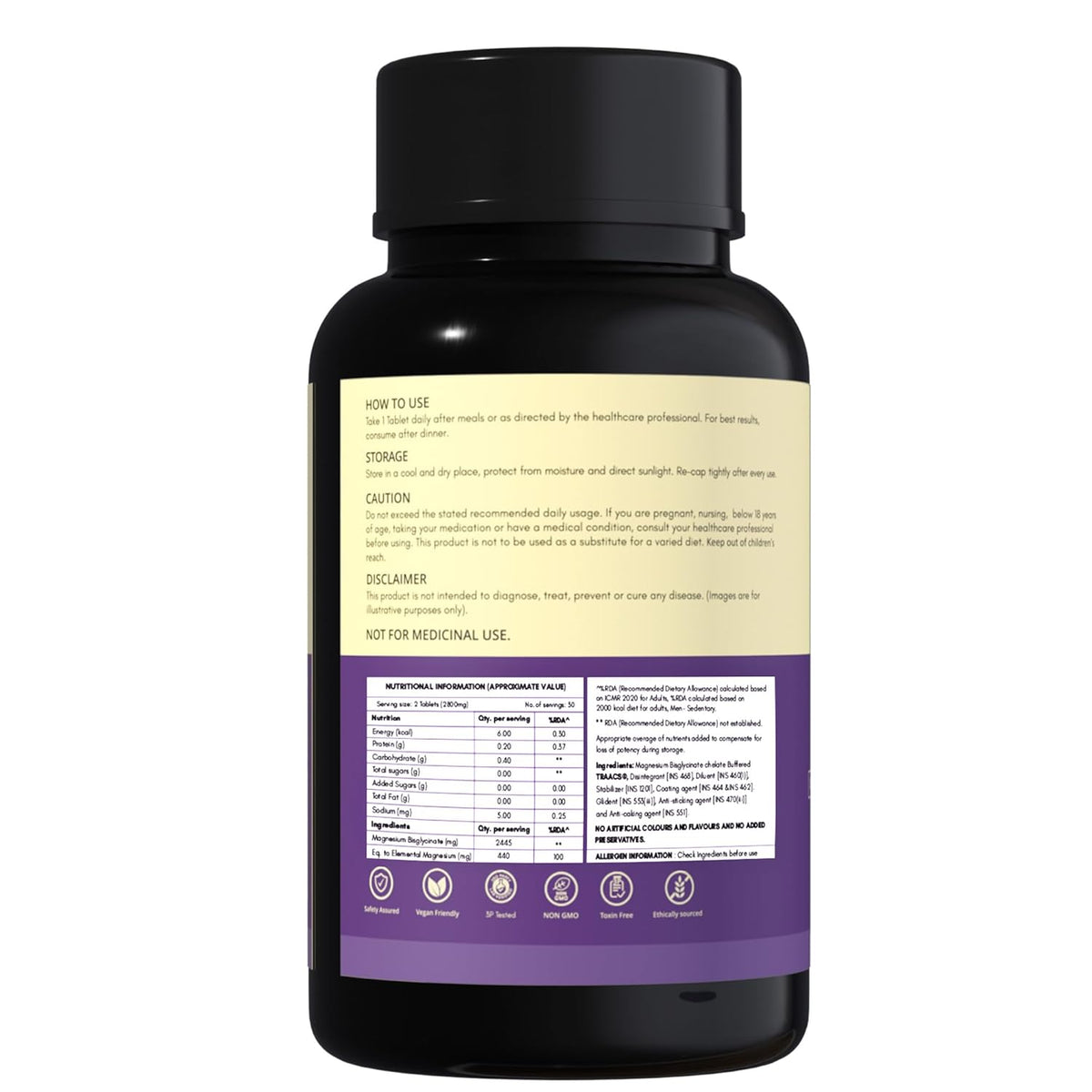Black supplement bottle with a detailed label on a white background