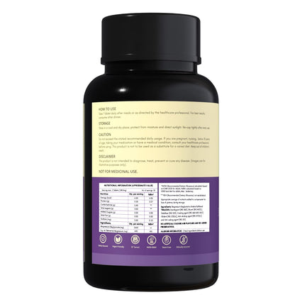 Black supplement bottle with a detailed label on a white background