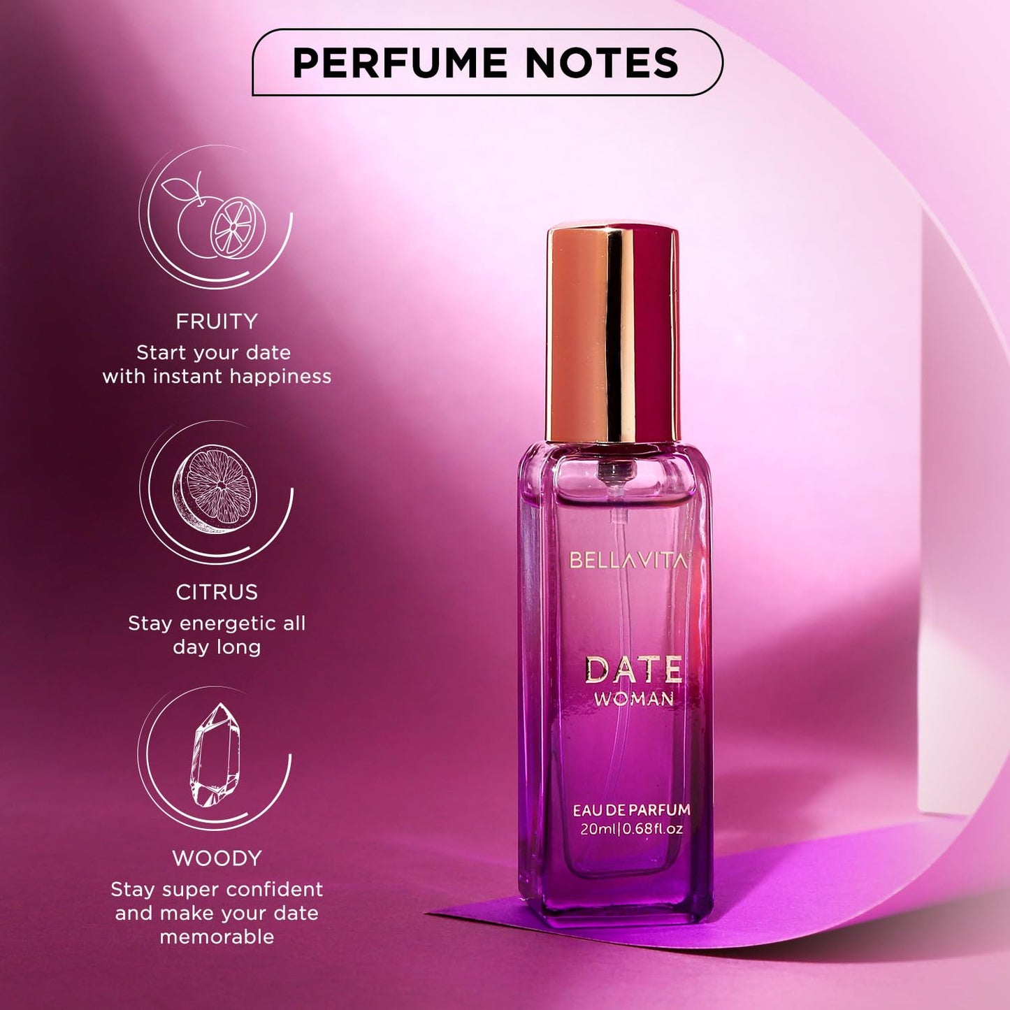 Perfume bottle labeled 'Date Woman' by Bellavita with perfume notes on a pink background