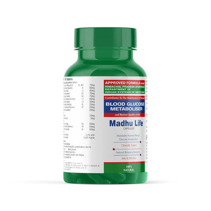 Green and white supplement bottle labeled 'Madhu Life' on a white background