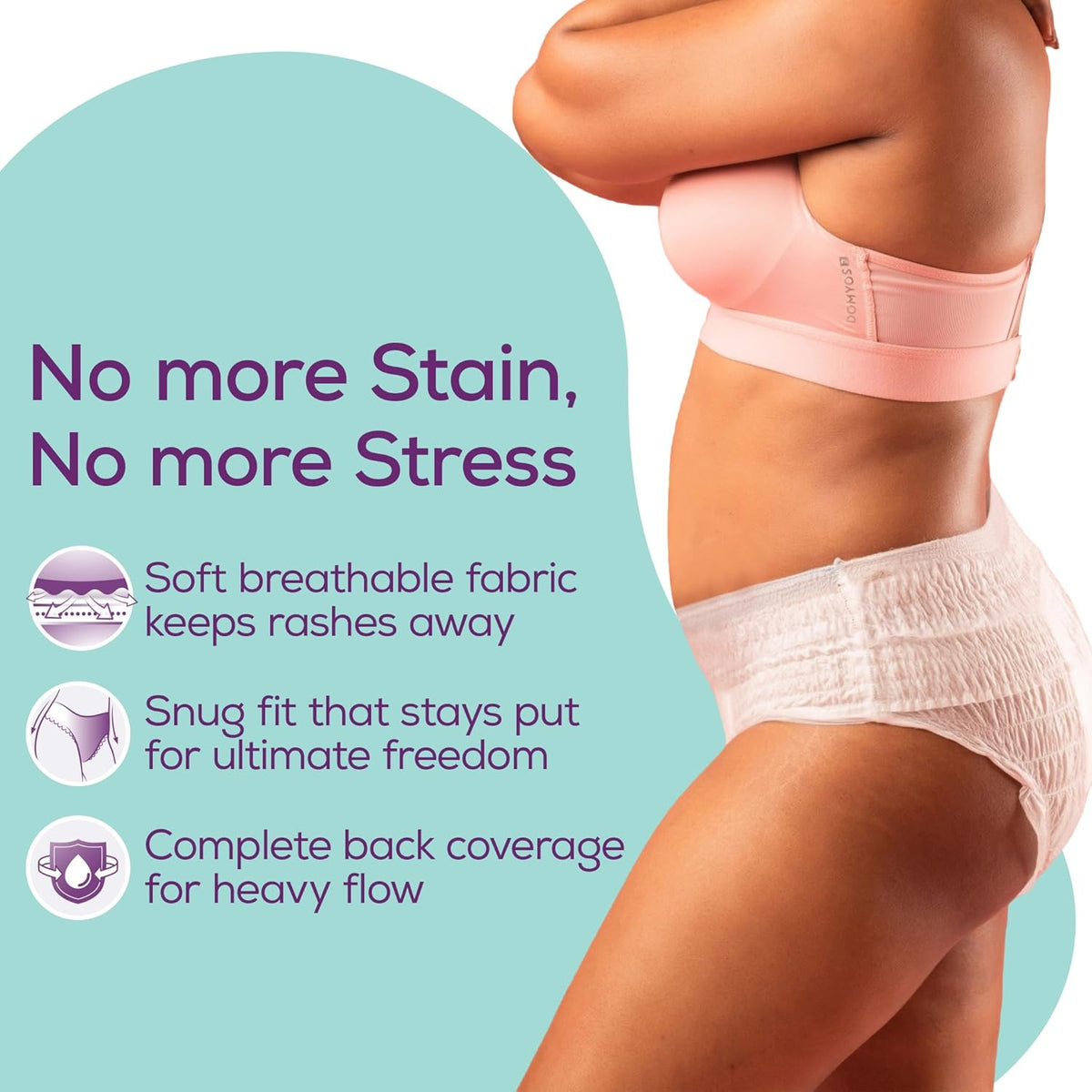 Product advertisement for women's underwear with text highlighting features on a light blue background.
