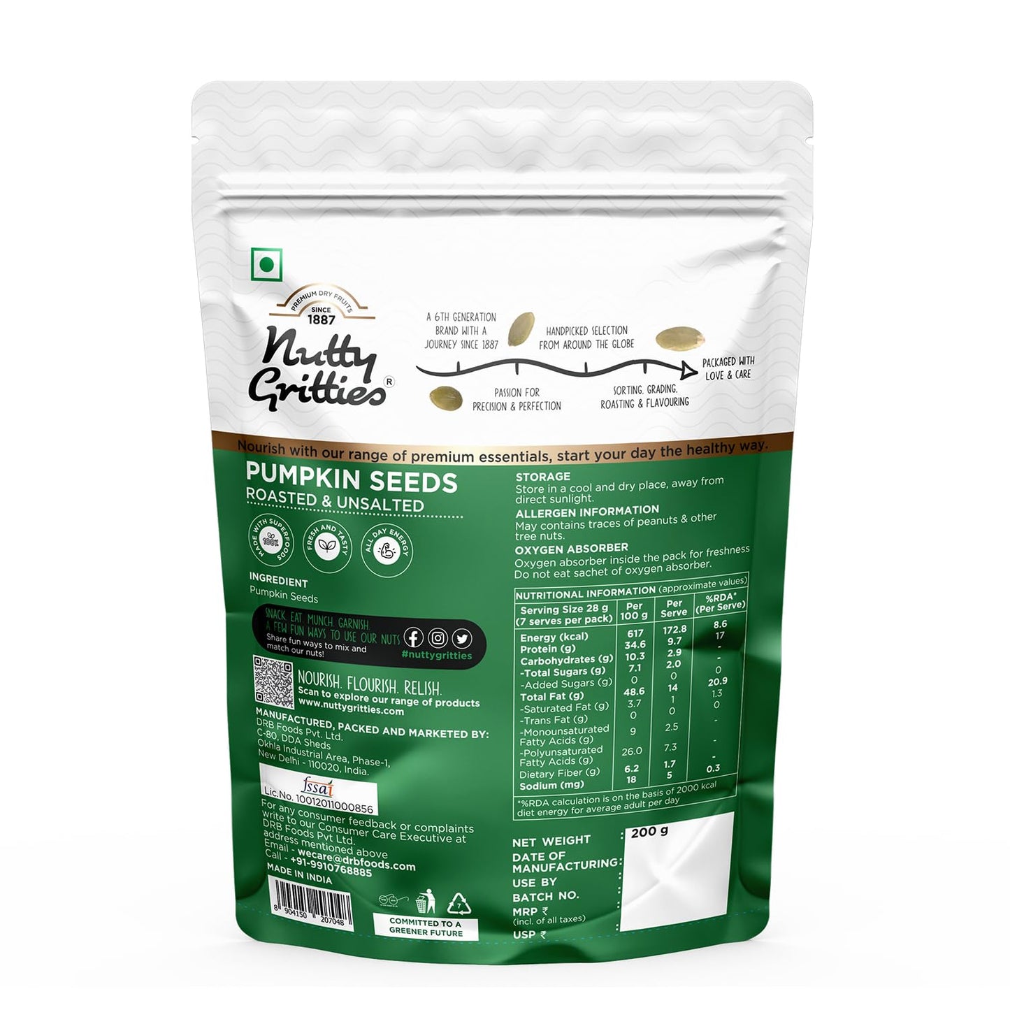 Nutty Gritties Roasted Unsalted Pumpkin Seeds 200g | Fibre-Rich Superfood | Healthy Snack for Eating