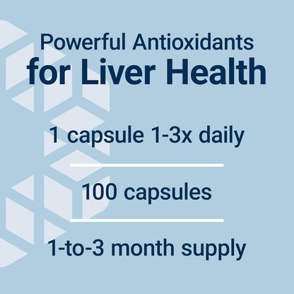 Supplement packaging with text about powerful antioxidants for liver health on a blue background