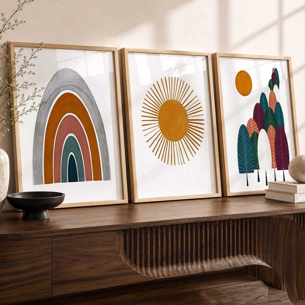 Boho Painting Wall Art Home Decoration Paintings With Frame For Living Room Bed Room Hotel Wall Decor Digital Reprint Set of 3 (13X17 inch)