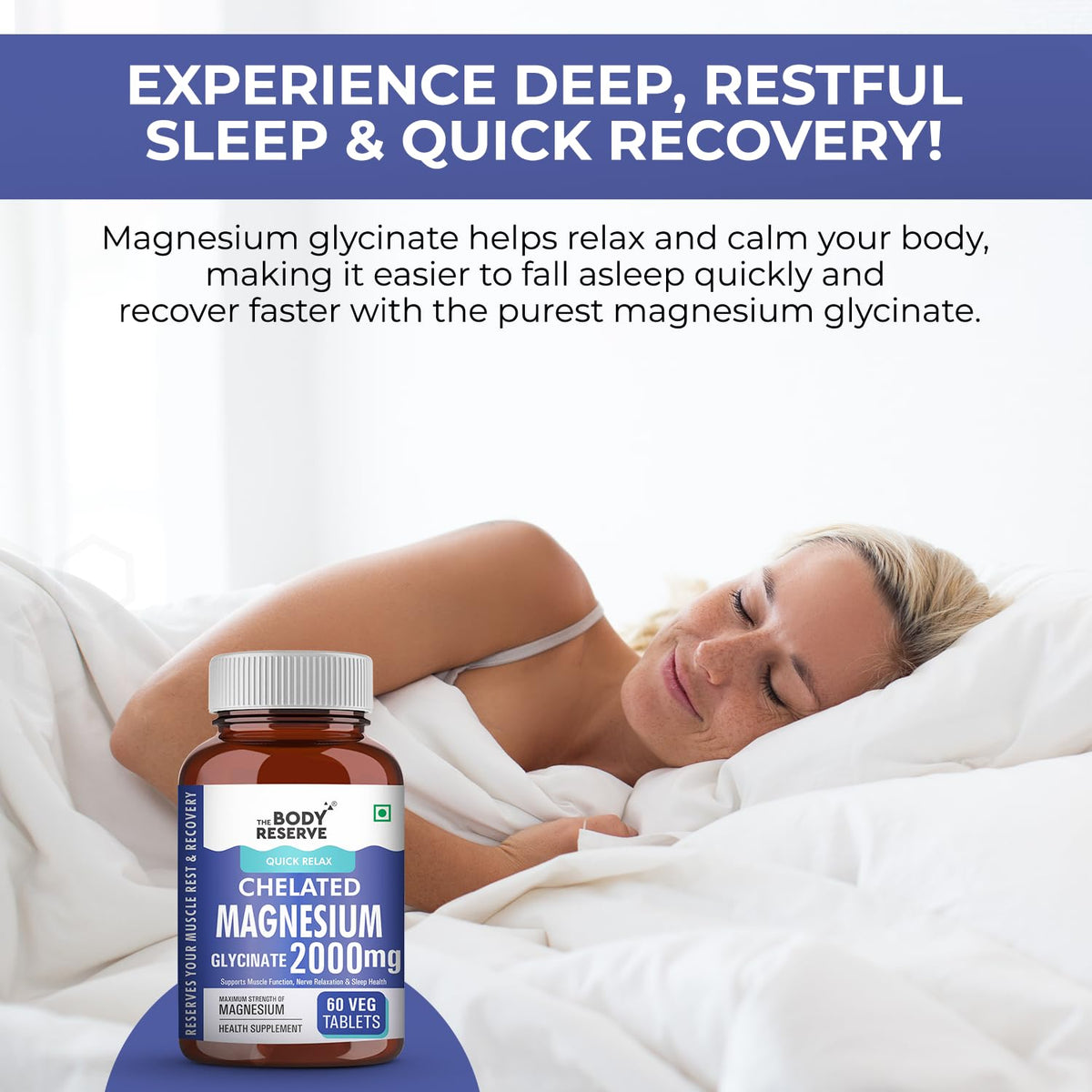 Bottle of Chelated Magnesium 2000mg supplement with a woman sleeping in bed, promoting deep restful sleep and quick recovery.