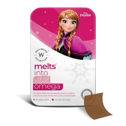 Wellbeing Nutrition Frozen Anna Melts | Vegan Omega 3 for Kids (6+) Supports Brain Development, Concentration, Eye & Heart Health | Algae Omega 3 EPA DHA | Strawberry Mint Flavor (30 Oral Strips)