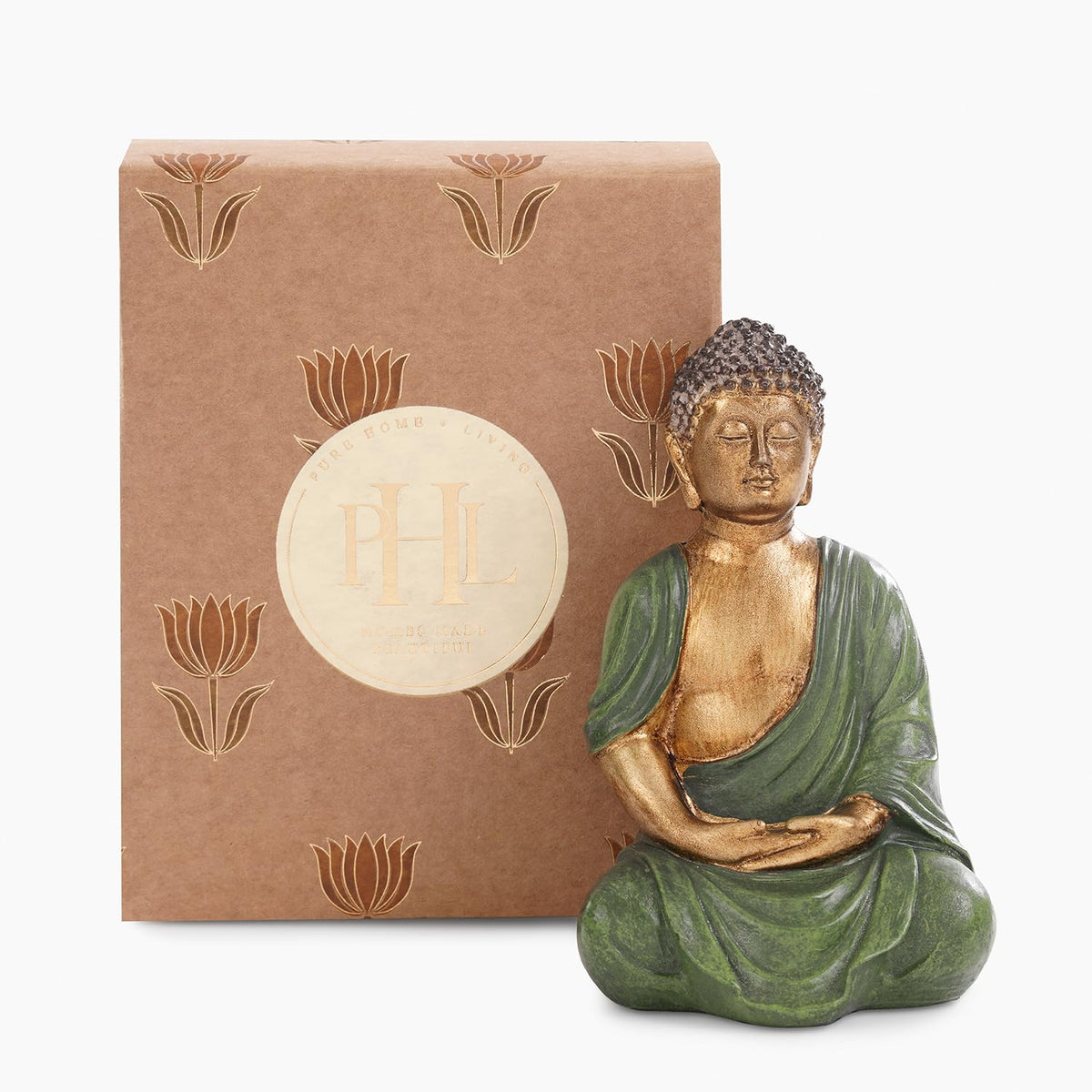 PURE HOME + LIVING Dark Green Antique Gold Polyresin Sitting Buddha - Small|Polyresin Decorative Statue for Home, Living Room, Office & Meditation Space|Peaceful Decor & Gift Item (Pack of 1)