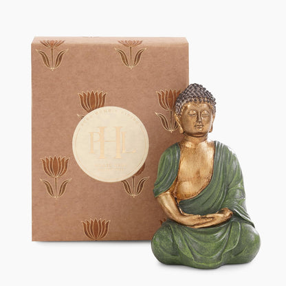 PURE HOME + LIVING Dark Green Antique Gold Polyresin Sitting Buddha - Small|Polyresin Decorative Statue for Home, Living Room, Office & Meditation Space|Peaceful Decor & Gift Item (Pack of 1)