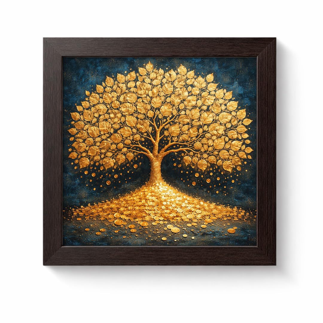 Golden Tree Kalpvriksh Gold Coin Vastu Money Magnet Prosperity Spiritual Wealth White Framed Poster Artwork Decor Painting