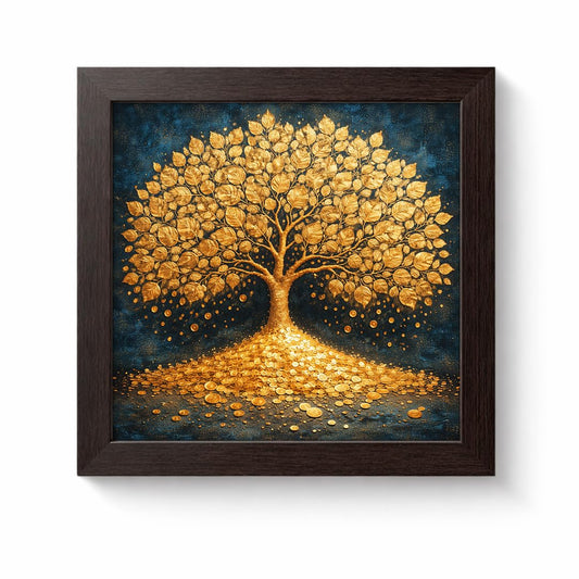 Golden Tree Kalpvriksh Gold Coin Vastu Money Magnet Prosperity Spiritual Wealth White Framed Poster Artwork Decor Painting