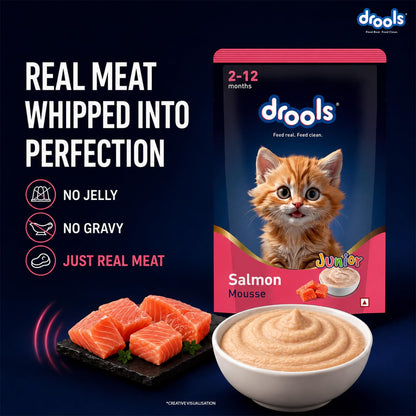 Drools Kitten Wet Mousse 80g | Salmon | High Protein | Promotes Hydration & Easy Digestion | Grain Free | No Artificial Additives | Enriched with Vitamins & Antioxidants