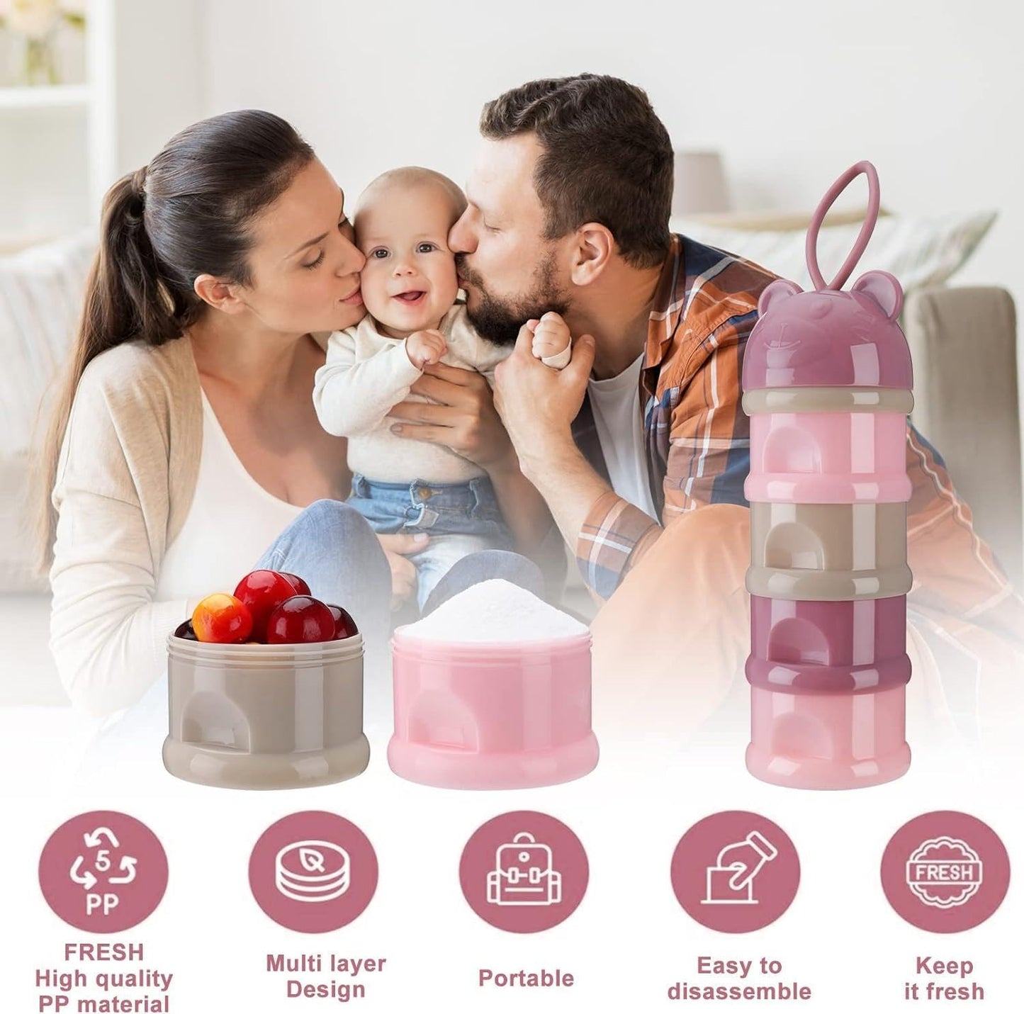 Mini Baby The Baby Store Plastic Best 4 Layer Milk Cute Bear Portable Baby Food Milk Powder Storage Bottle Milk and Food Container, Multicolour (4 layer), Multicolor