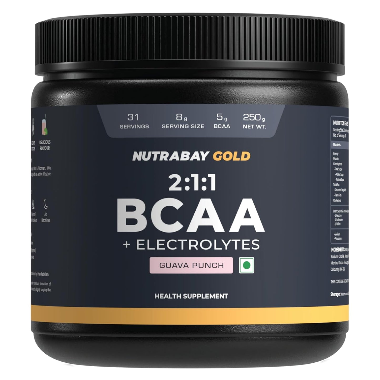 Nutrabay Gold BCAA 2:1:1 with Electrolytes 5000 mg Vegan BCAAs per Serving – Pre/Post Workout Drink for Muscle Build Up & Faster Recovery - Tested for Purity - No Banned Substances – 250g, Guava