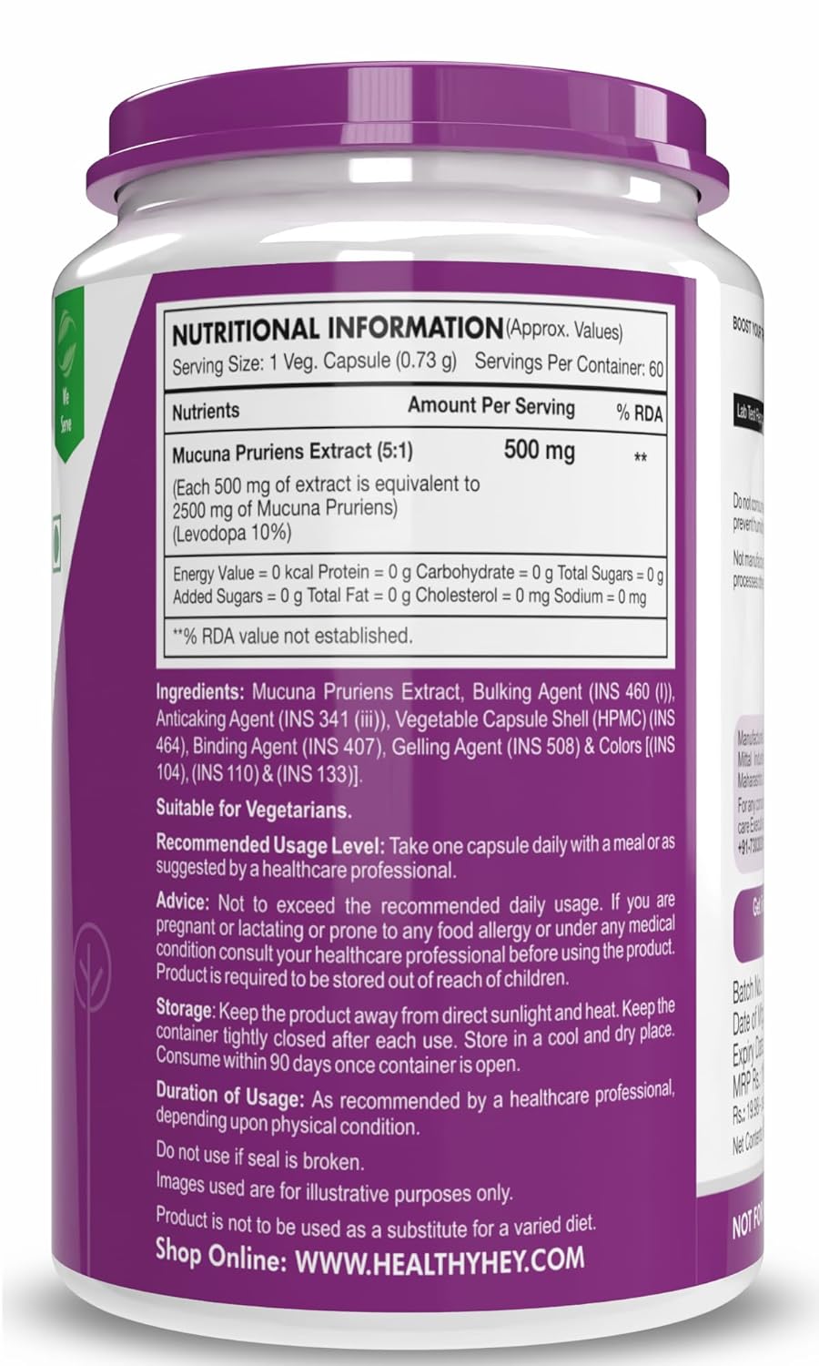 Nutritional information label on a supplement container with purple lid and white body.