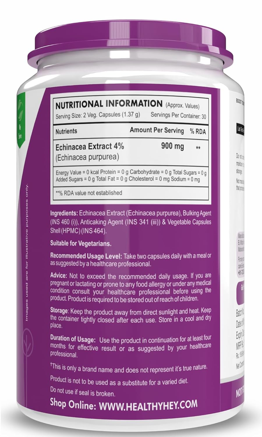 Supplement container with purple lid and label displaying nutritional information and ingredients.