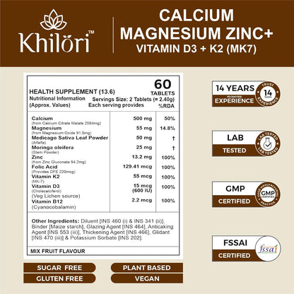 Khilöri Calcium Supplement for Men and Women with Magnesium, Zinc, Vitamin D3, K2 MK7 & B12 Tablets | Plant Based Calcium Citrate Malate for Strong Bones, Joint Mobility & Muscle Recovery | 60 N (60 Tablets)