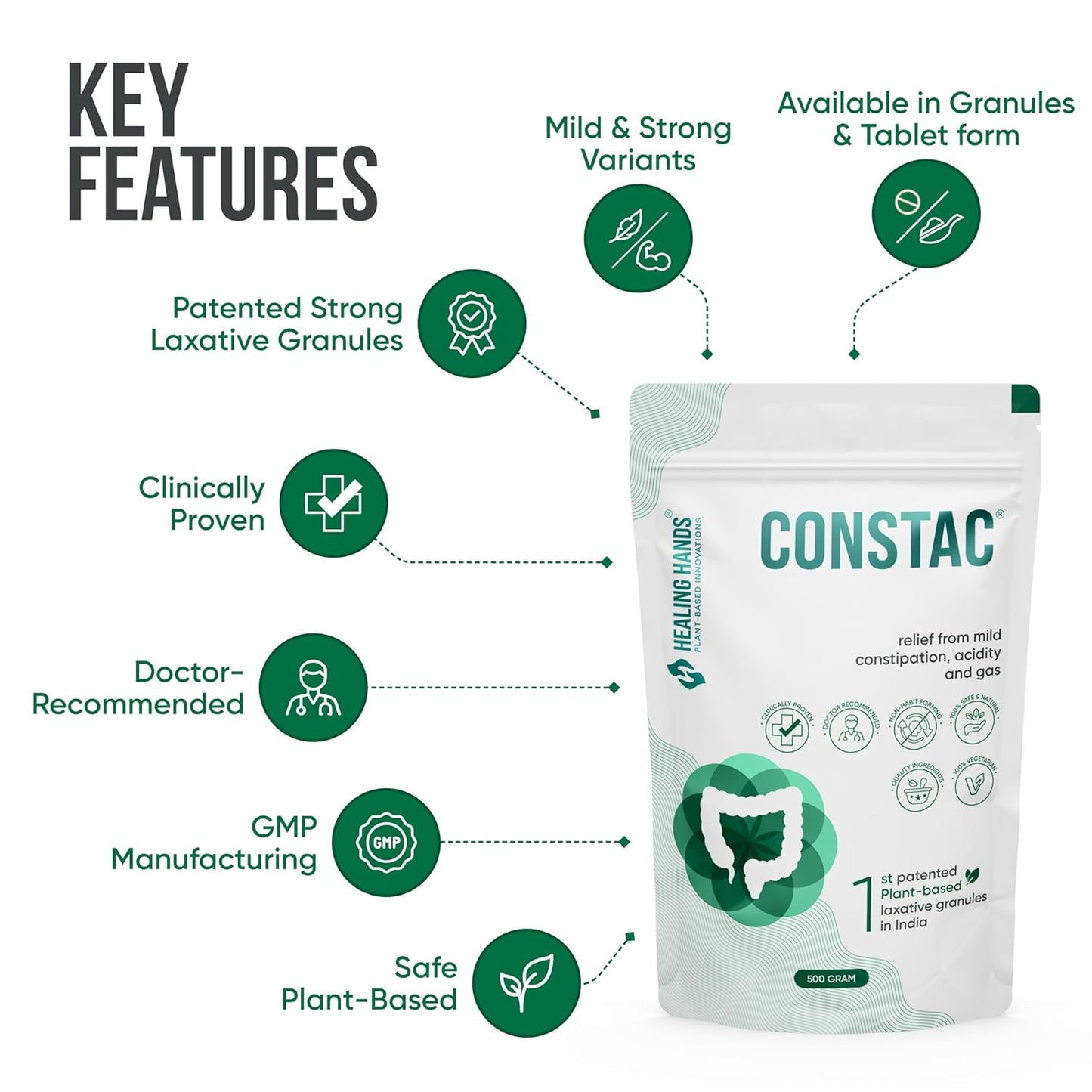 Healing Hands Constac for Relief in Mild Constipation - Mild, Safe, Clinically Proven Ayurvedic Granules 500g Pouch