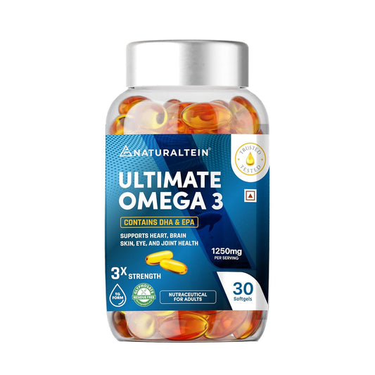 Bottle of Naturaltein Ultimate Omega 3 supplements on a white background