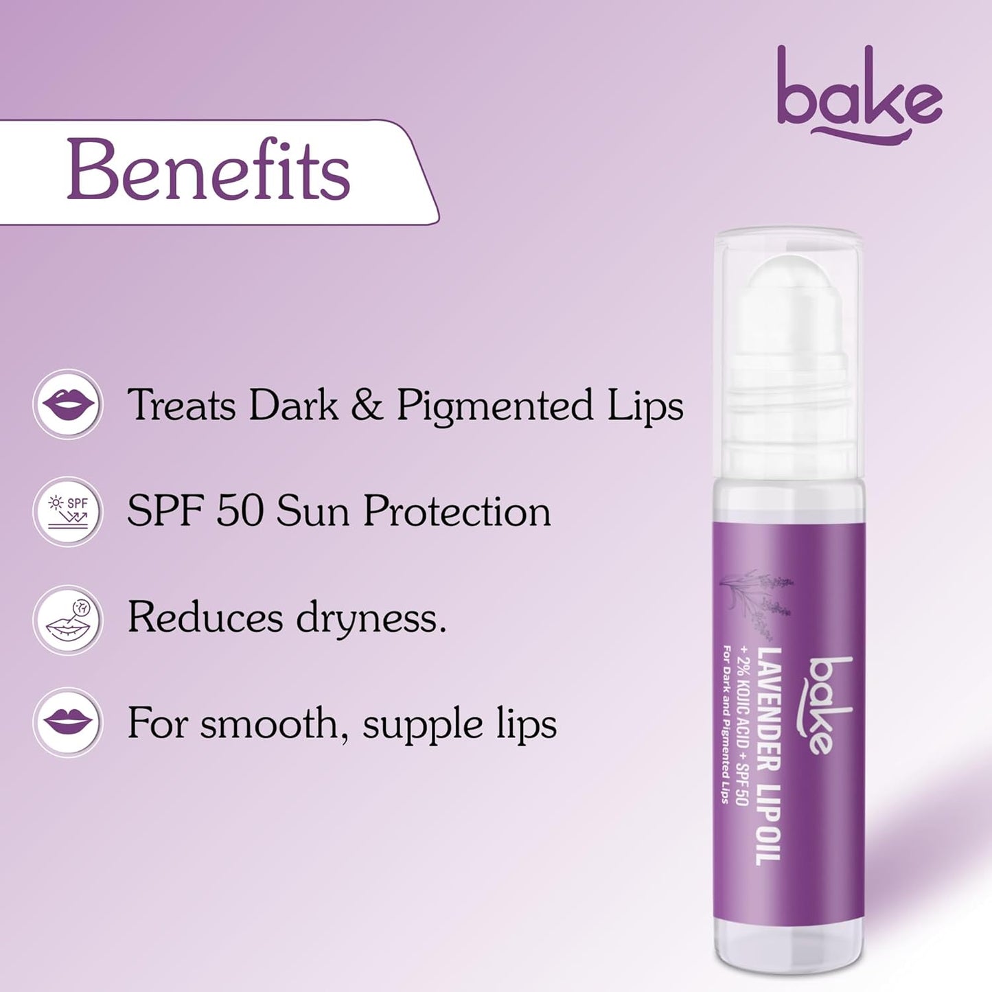 BAKE 2% Kojic Acid Lavender Brightening Lip Balm Oil for Dark & Pigmented Lips with SPF 50 PA++++ with Alpha Arbutin - 15g