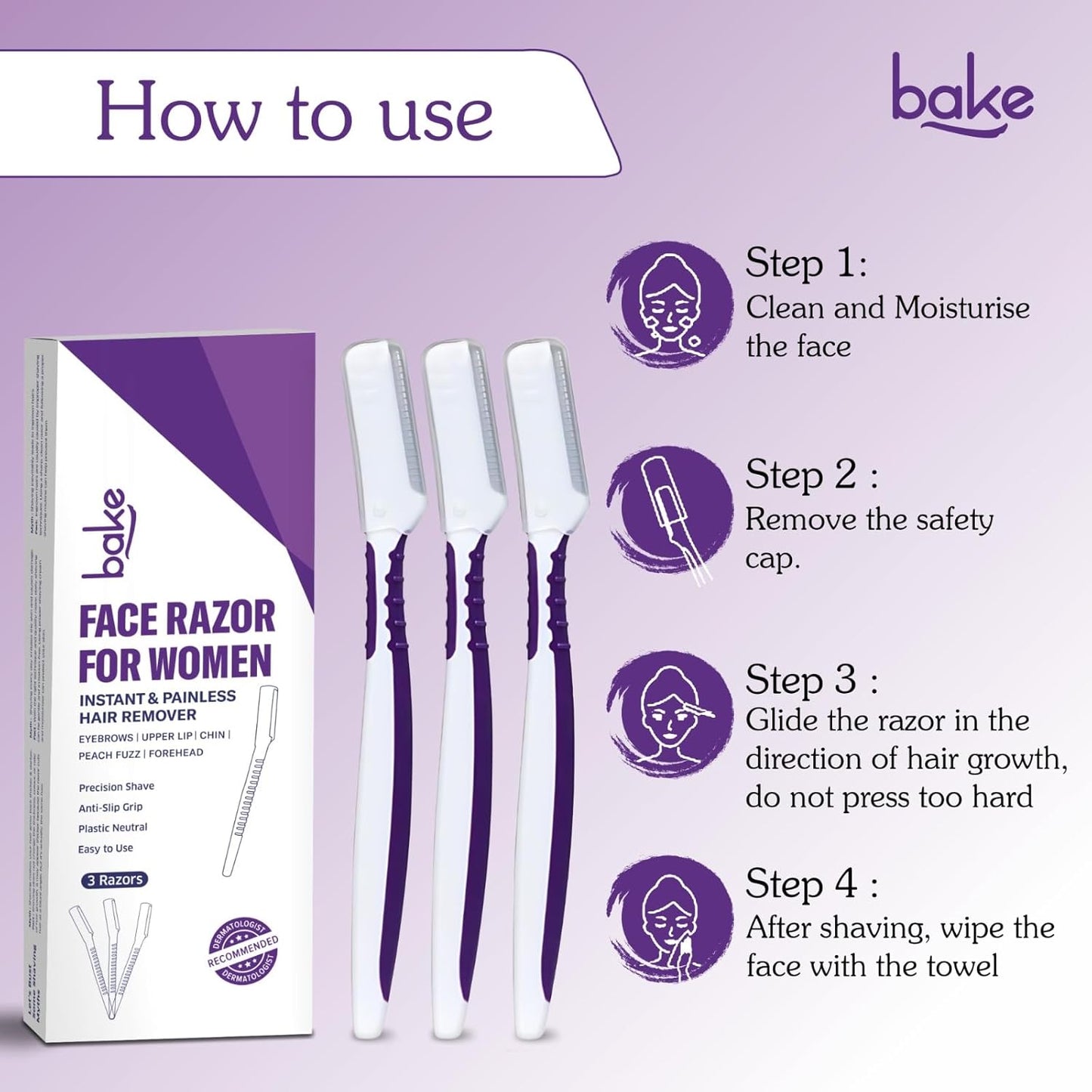 BAKE Reusable Face Razor for Women Facial Hair (3 Razors) | Instant Glow & Painless Hair Remover | For Eyebrows, Upper Lip, Chin, Peach Fuzz, Forehead, Unibrow, Sideburns | Precision Shave, Anti Slip Grip, Plastic Neutral