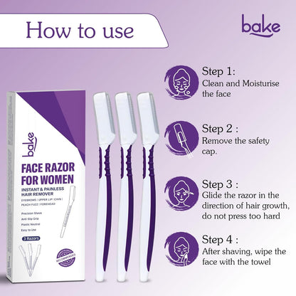 BAKE Reusable Face Razor for Women Facial Hair (3 Razors) | Instant Glow & Painless Hair Remover | For Eyebrows, Upper Lip, Chin, Peach Fuzz, Forehead, Unibrow, Sideburns | Precision Shave, Anti Slip Grip, Plastic Neutral