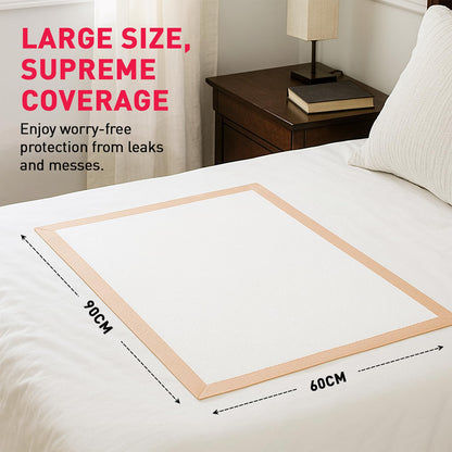 Bedding pad with dimensions on a bed, featuring text about large size and supreme coverage.