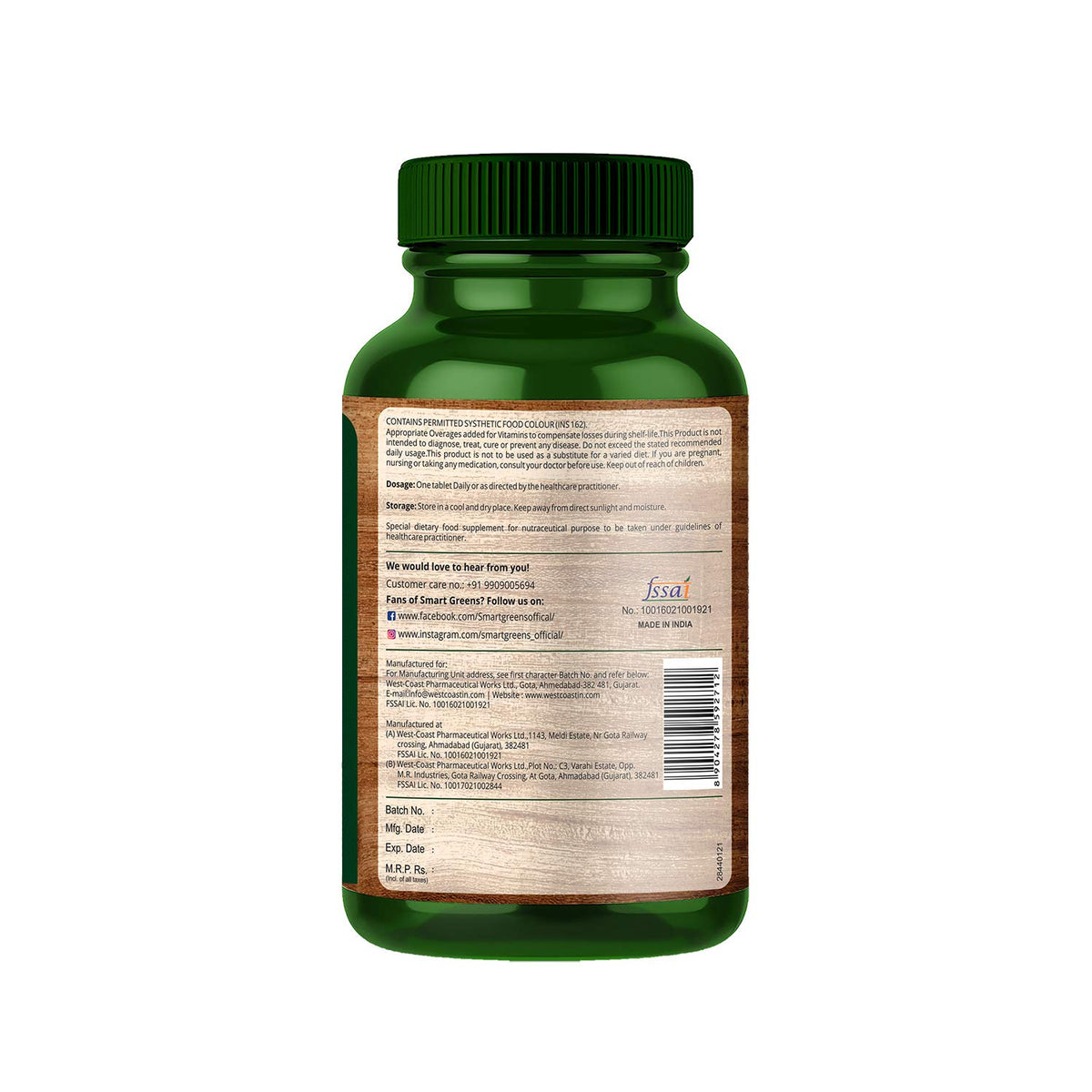 Green supplement bottle with label on a white background