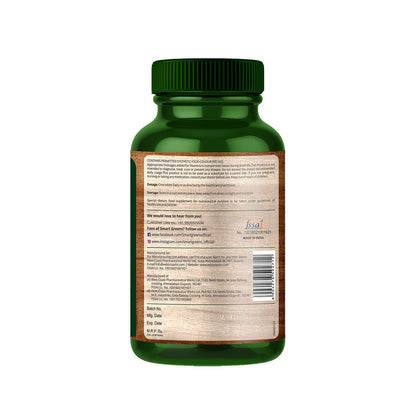 Green supplement bottle with label on a white background