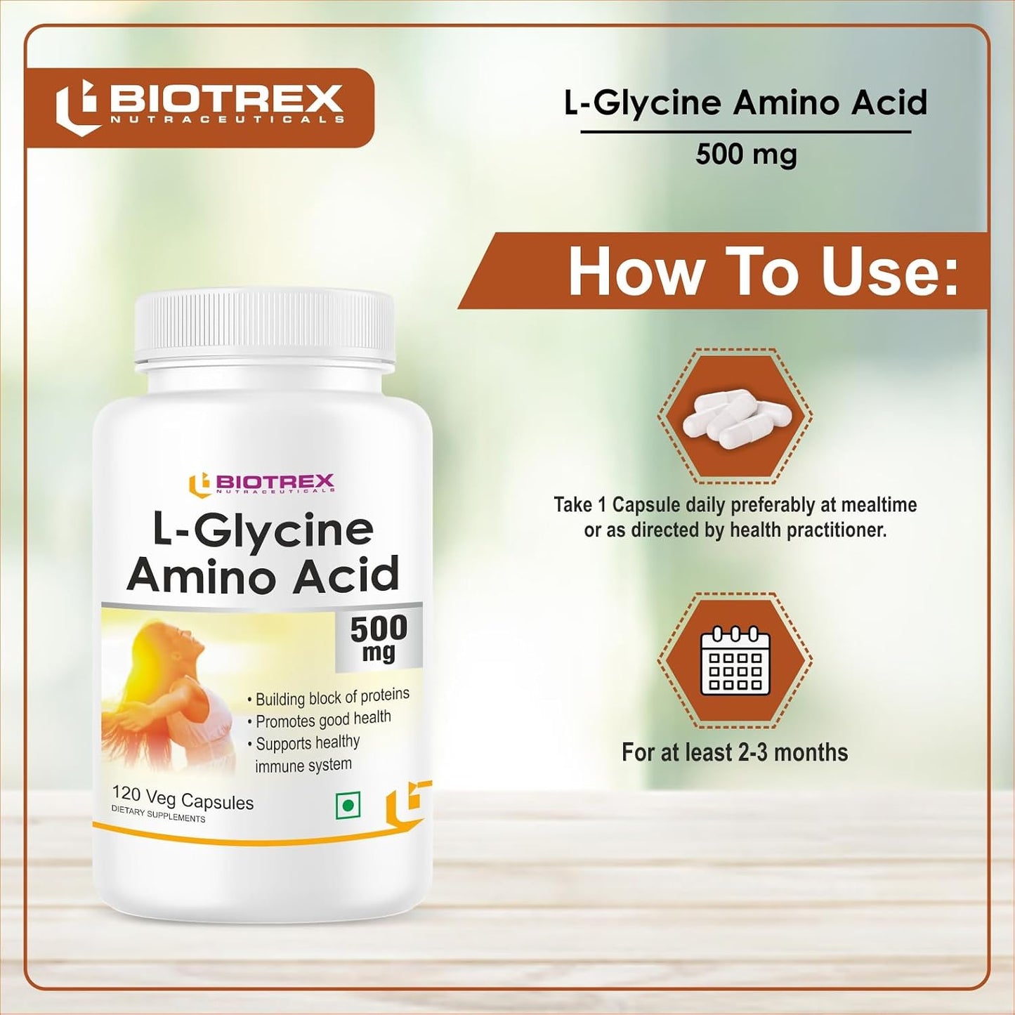 Biotrex Nutraceuticals L-Glycine Amino Acid 500mg Supplement, Supports healthy sleep & immune system, Supports Brain Health 120 Veg. Capsules