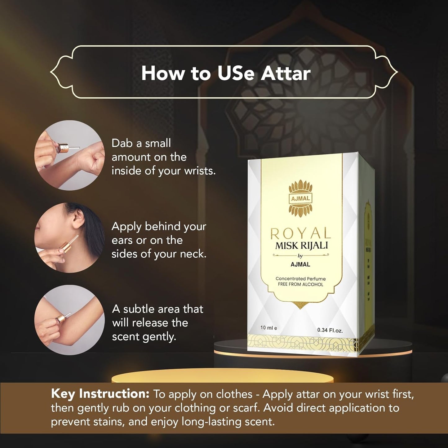 Ajmal Royal Misk Rijali Attar for Men & Women | 10ml Alcohol-Free Concentrated Perfume Oil | Attar Perfume for Men & Women | Woody Musky Oriental Notes | Versatile Office/Work Unisex Cologne