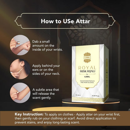 Ajmal Royal Misk Rijali Attar for Men & Women | 10ml Alcohol-Free Concentrated Perfume Oil | Attar Perfume for Men & Women | Woody Musky Oriental Notes | Versatile Office/Work Unisex Cologne
