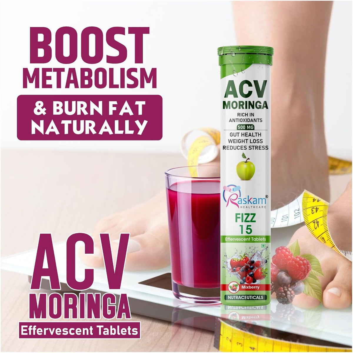 ACV Moringa supplement with a glass of juice and measuring tape on a light background