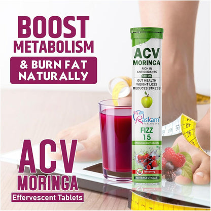 ACV Moringa supplement with a glass of juice and measuring tape on a light background