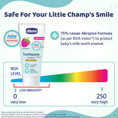 Chicco Toothpaste for Kids, Best for Baby (1y-6y), Strawberry Flavour, 50g | Fluoride-Free & Low Abrasive | Removes Plaque, Helps Prevent Cavities | IDA Accepted
