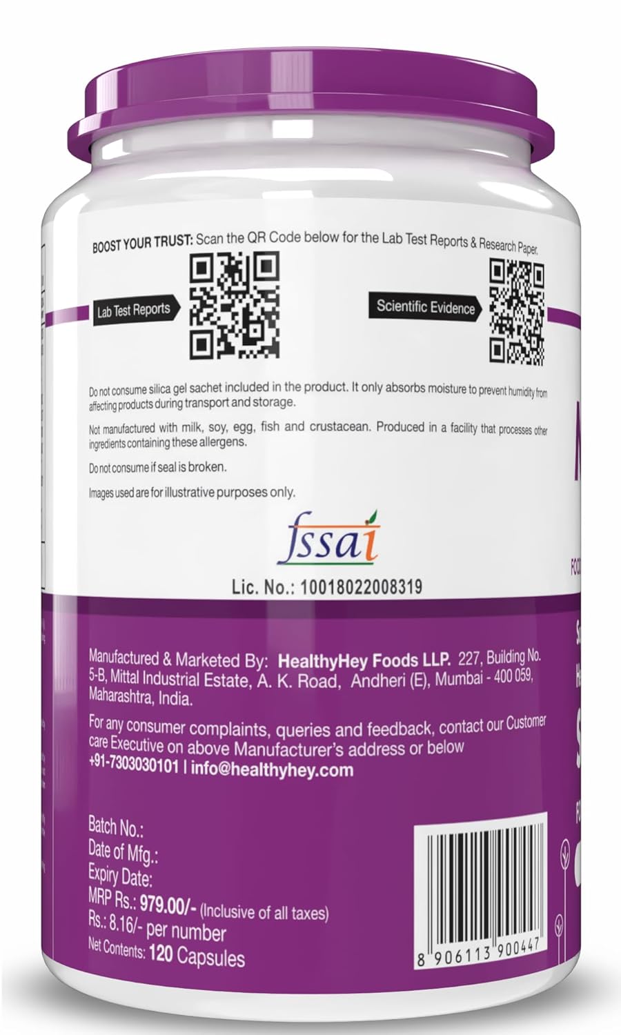 Supplement container with purple lid and label on a white background