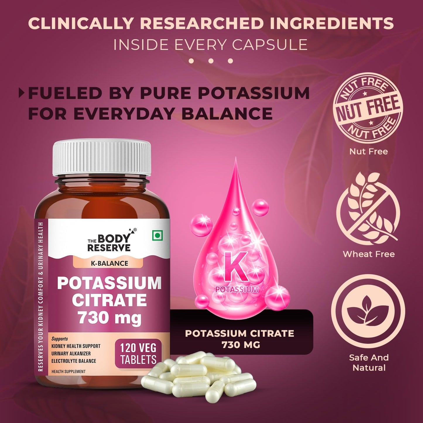 Body Reserve Potassium Citrate supplement bottle with capsules on a purple background