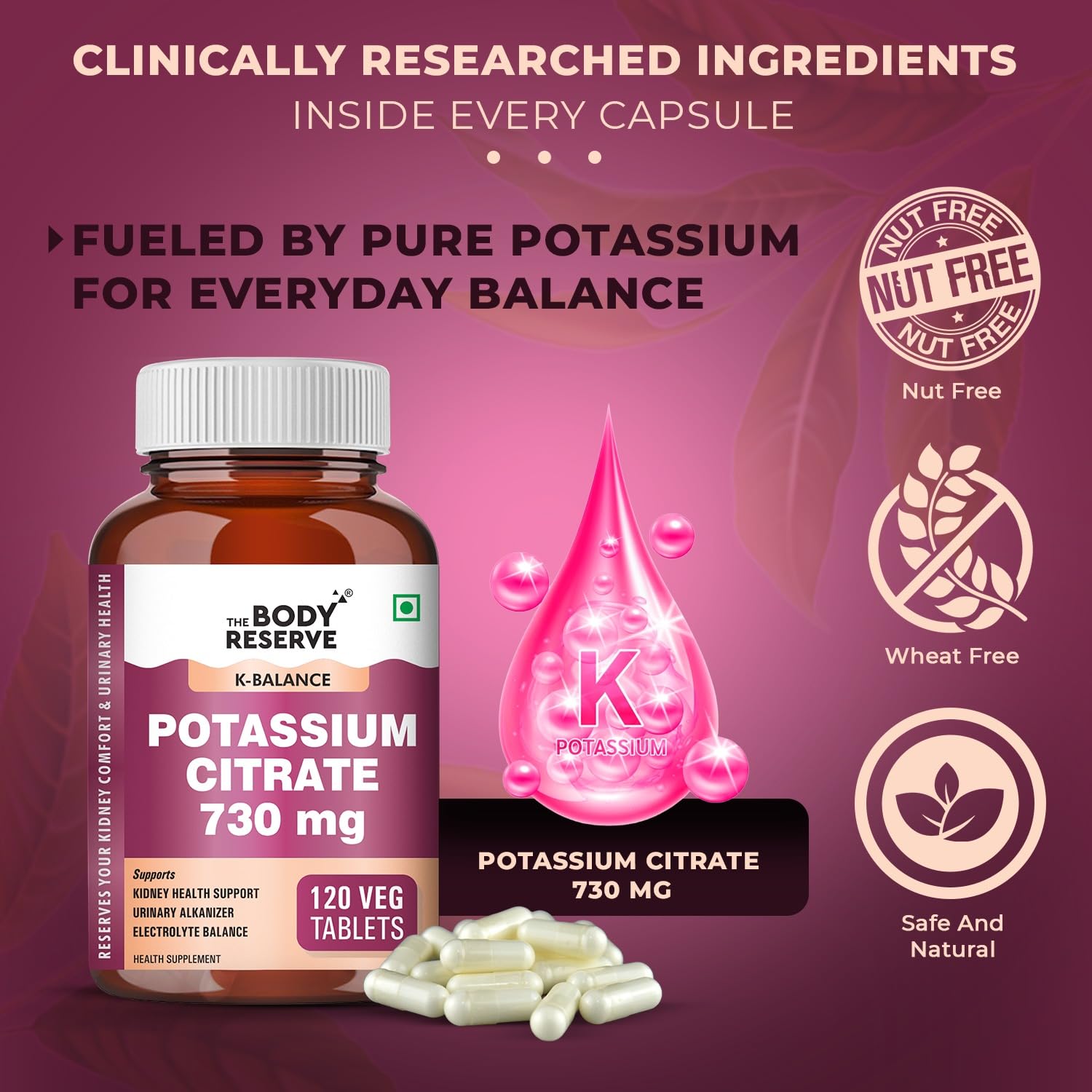 Body Reserve Potassium Citrate supplement bottle with capsules on a purple background