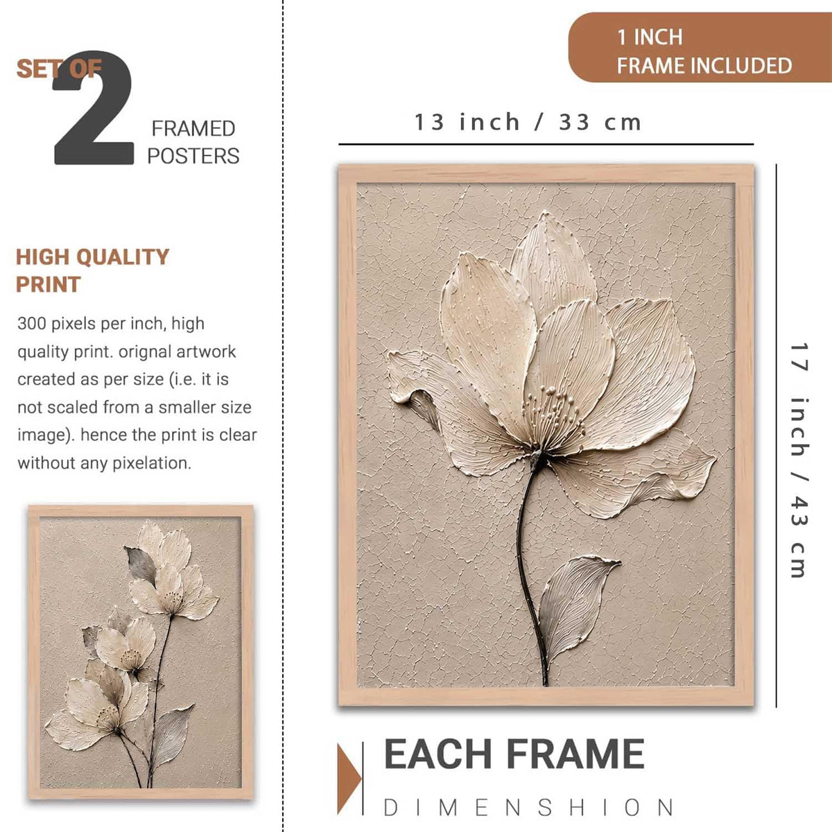 2 Piece Framed Wall Art Set, 3D Textured Floral Botanical Painting, Modern Abstract Flower Wall Decor for Living Room, Bedroom, Dining Room & Office, Brown Frame, 13 x 19 Inch, Ready to Hang, Housewarming Gift