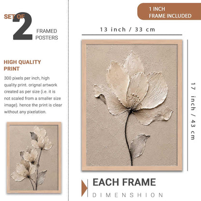 2 Piece Framed Wall Art Set, 3D Textured Floral Botanical Painting, Modern Abstract Flower Wall Decor for Living Room, Bedroom, Dining Room & Office, Brown Frame, 13 x 19 Inch, Ready to Hang, Housewarming Gift