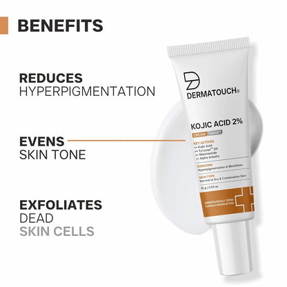 Dermatouch Kojic Acid 2% cream tube with benefits listed on a white background