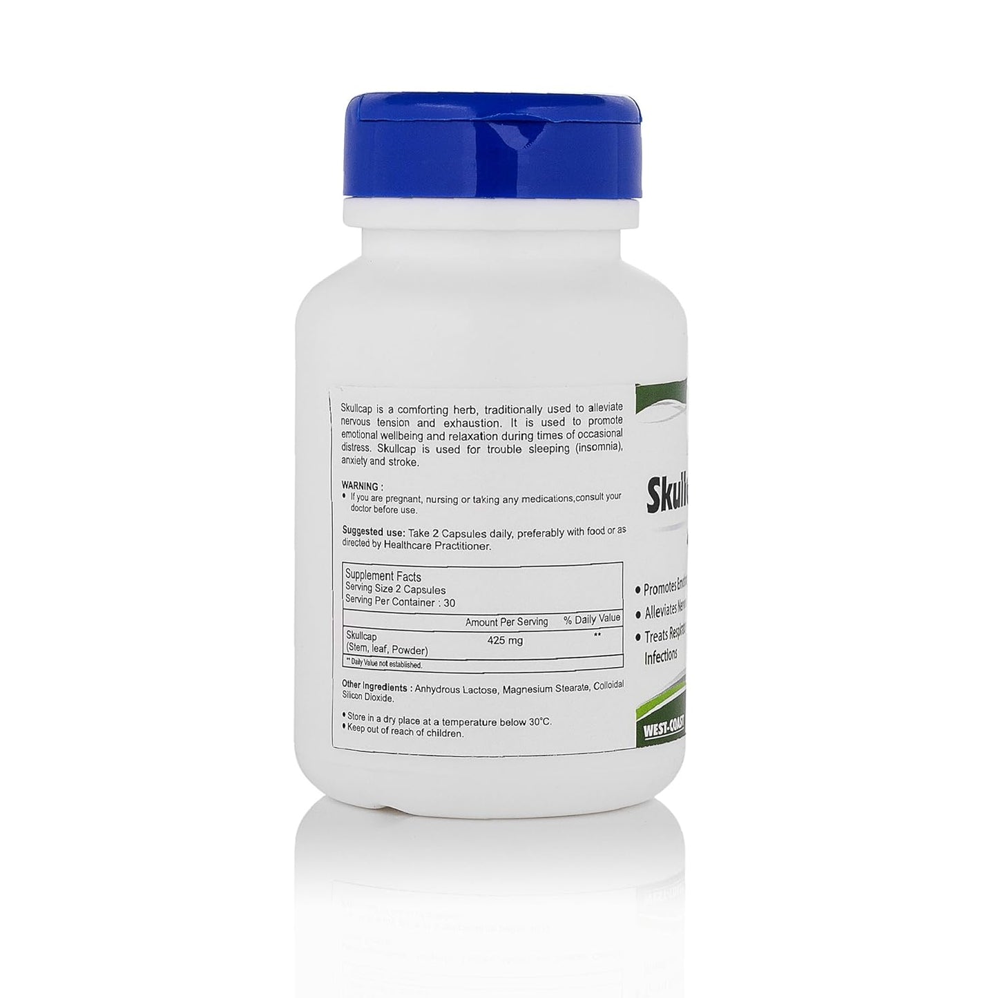 Supplement bottle with blue cap and white label on a white background