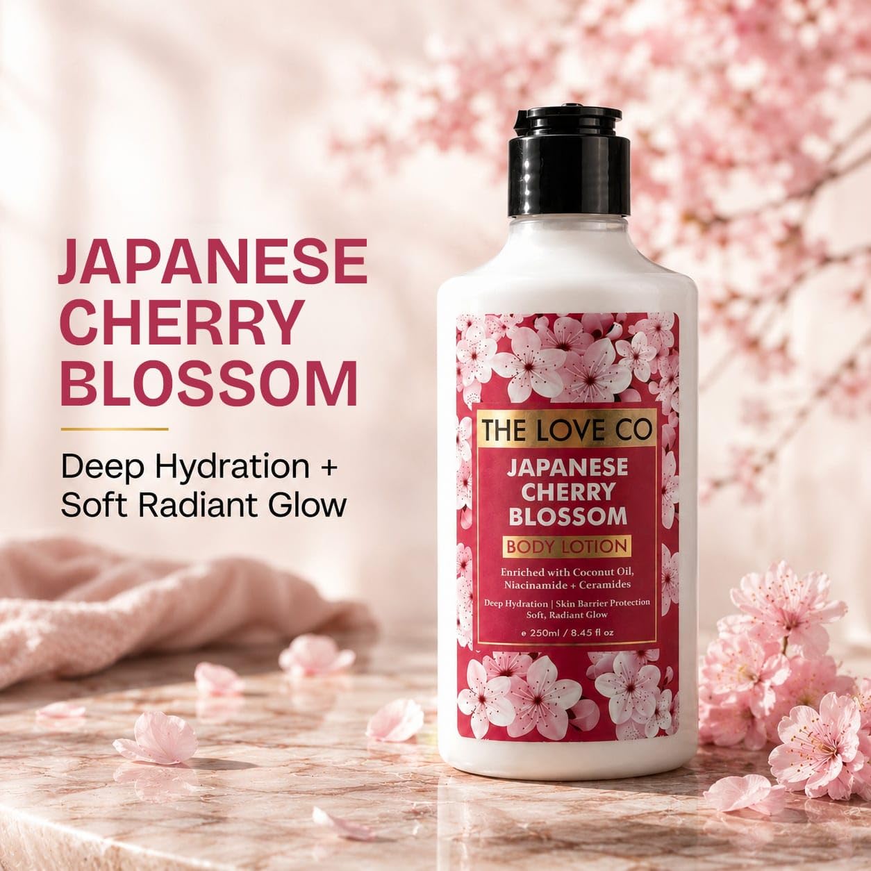 The Love Co Japanese Cherry Blossom Body Lotion for Women | Perfume Body Lotion with Niacinamide, Ceramides, Shea Butter & Coconut Oil | 48Hr Deep Hydration, Non-Greasy Moisturizer for Dry Skin | 250ml
