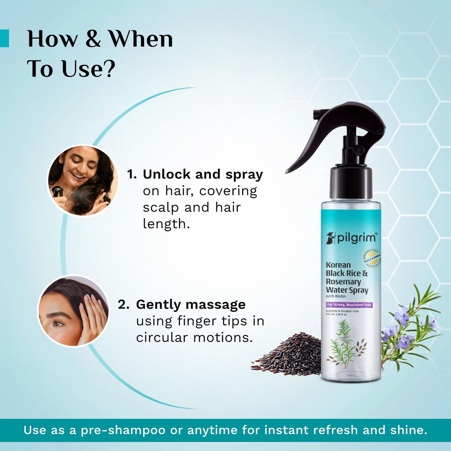 Pilgrim Korean Black Rice and Rosemary Water Spray With Biotin for Hair Growth 100ml | Hair Spray for Regrowth | Thicker & Stronger Hair | Sulphate & Paraben Free I For Women & Men
