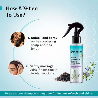 Pilgrim Korean Black Rice and Rosemary Water Spray With Biotin for Hair Growth 100ml | Hair Spray for Regrowth | Thicker & Stronger Hair | Sulphate & Paraben Free I For Women & Men