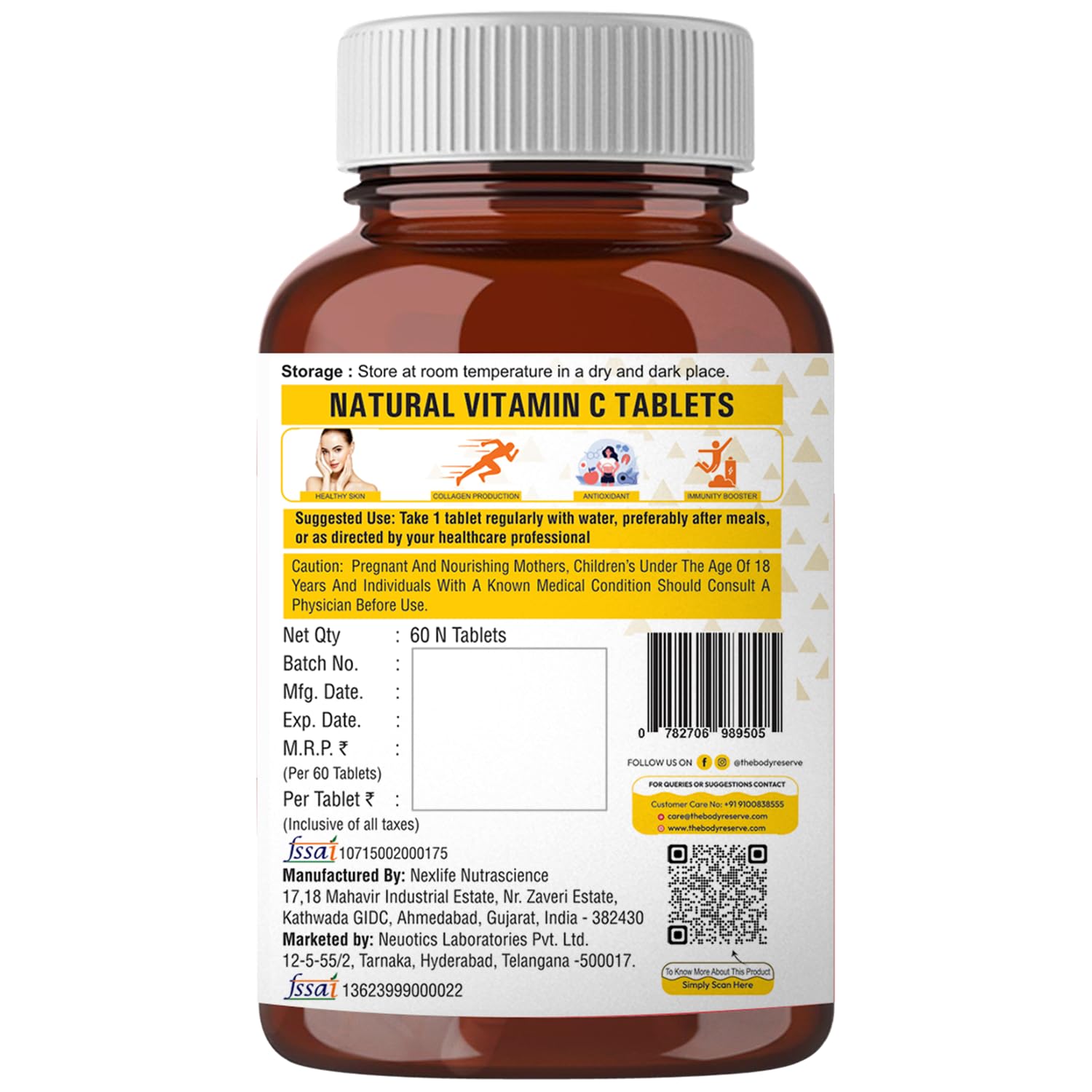 Brown bottle of Natural Vitamin C Tablets with label on a white background