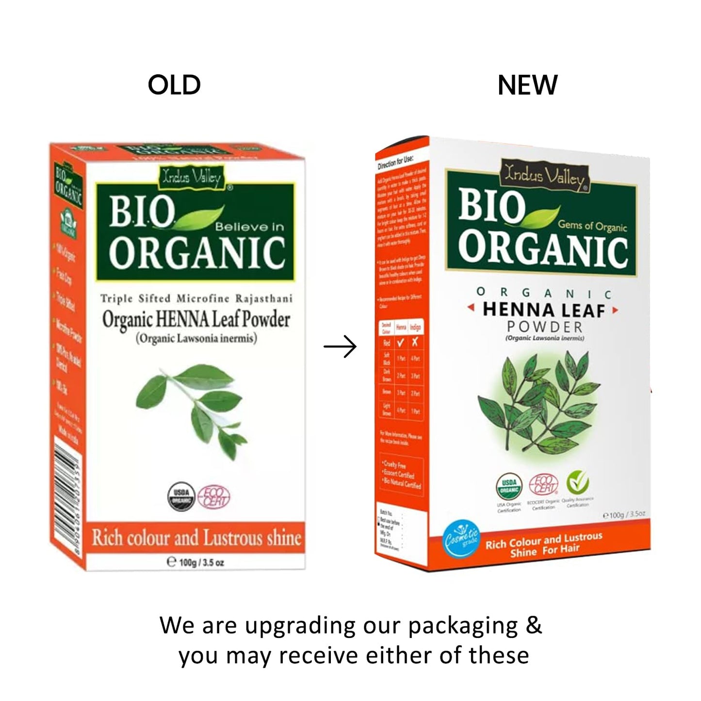 Comparison of old and new Bio Organic Henna Leaf Powder packaging on a white background.