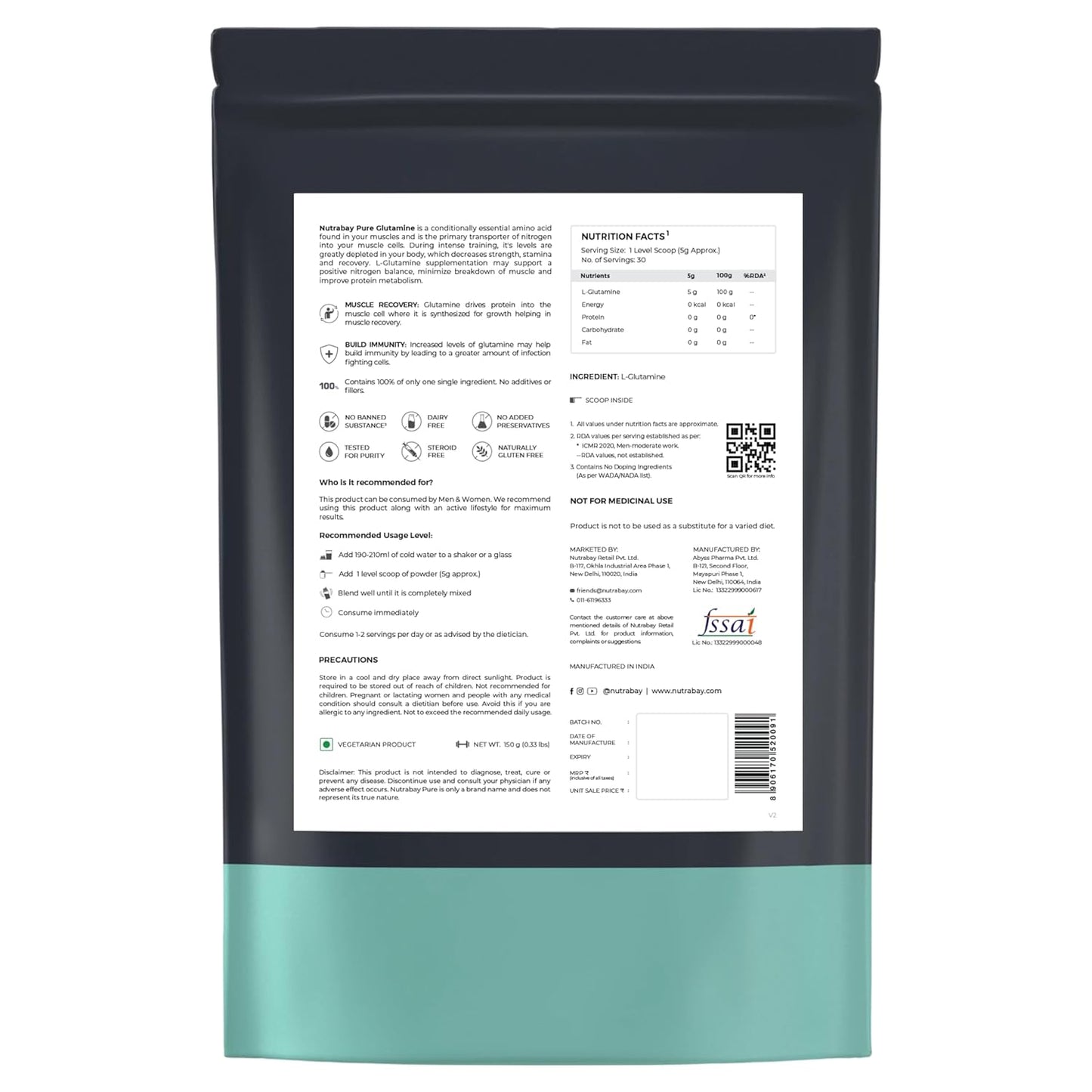 Back view of a product package with text and QR code on a white background