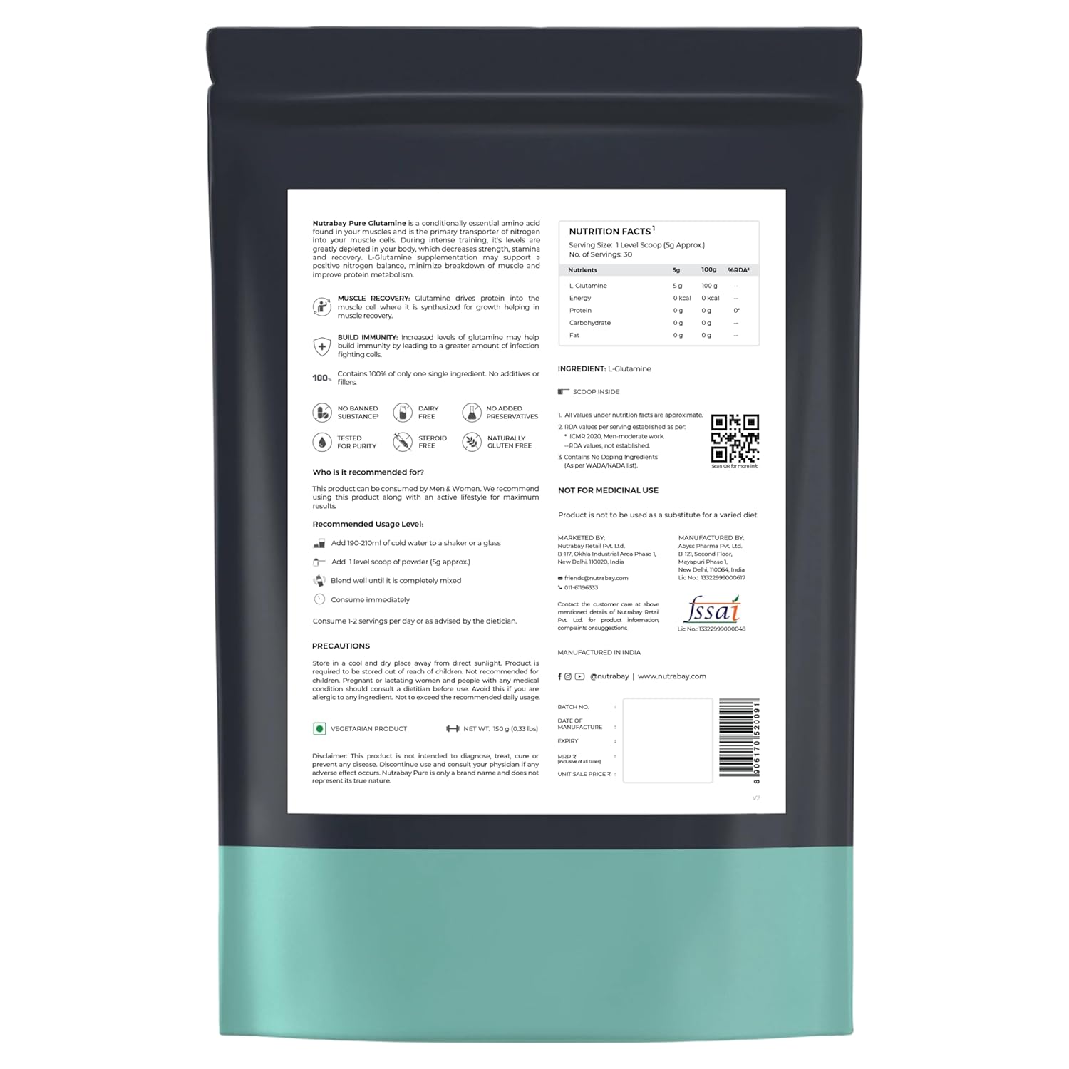 Back view of a product package with text and QR code on a white background