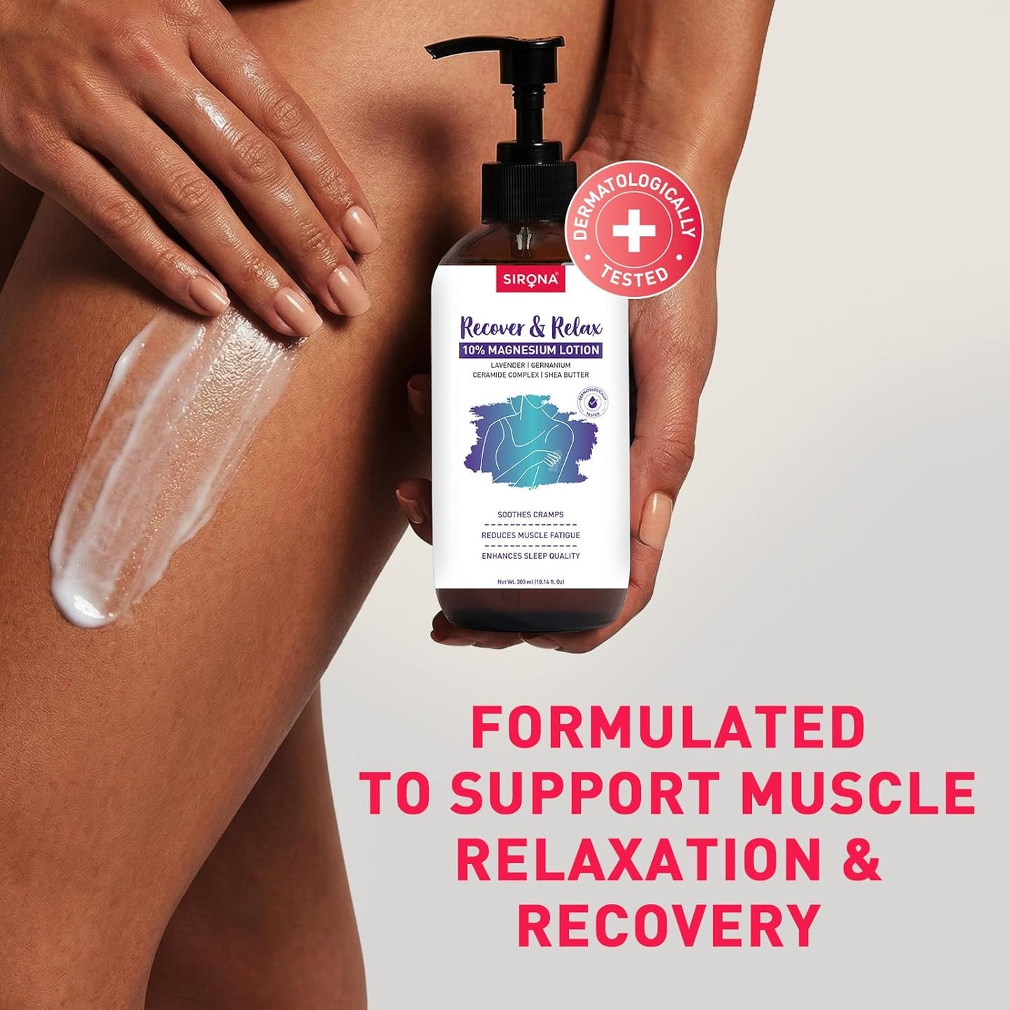 Lotion bottle labeled 'Recover & Relax' being applied to a person's skin with text about muscle relaxation and recovery.