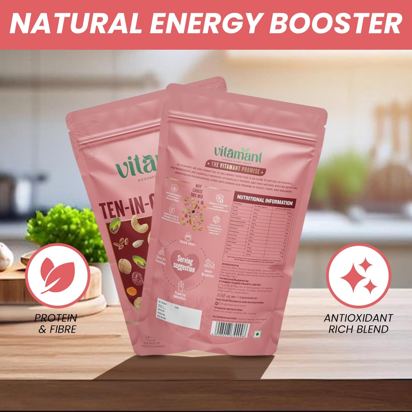 Vitamant 10-in-1 Trail Mix | Premium Mixed Dry Fruits, Nuts & Seeds | Healthy Snack | No Added Sugar | Source of Protein & Fibre | 400g